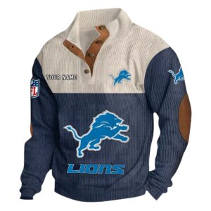 Detroit Lions Fans Gift Men's Stand Up Collar Base Shirt, All Over Print Base Shirt For Sport Fan, Custom Name NFL141090525132 - Navy Blue