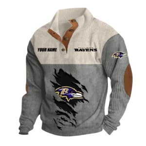 Baltimore Ravens Fans Gift Men's Stand Up Collar Base Shirt, All Over Print Base Shirt For Sport Fan, Custom Name NFL142090625107 - Gray