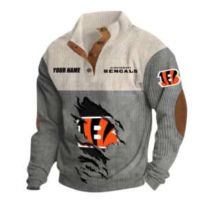 Cincinnati Bengals Fans Gift Men's Stand Up Collar Base Shirt, All Over Print Base Shirt For Sport Fan, Custom Name NFL142090625116 - Gray