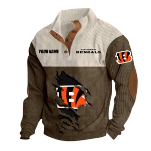 Cincinnati Bengals Fans Gift Men's Stand Up Collar Base Shirt, All Over Print Base Shirt For Sport Fan, Custom Name NFL142090625116 - Brown