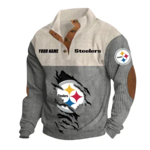 Pittsburgh Steelers Fans Gift Men's Stand Up Collar Base Shirt, All Over Print Base Shirt For Sport Fan, Custom Name NFL142090625122 - Gray