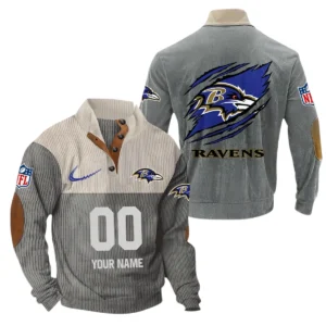 Baltimore Ravens Fans Gift Men's Stand Up Collar Base Shirt, All Over Print Base Shirt For Sport Fan, Custom Name NFL143090625110 - Gray