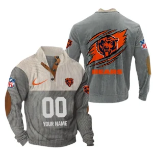 Chicago Bears Fans Gift Men's Stand Up Collar Base Shirt, All Over Print Base Shirt For Sport Fan, Custom Name NFL143090625112 - Gray