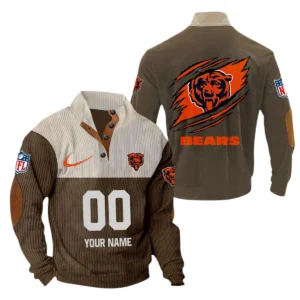 Chicago Bears Fans Gift Men's Stand Up Collar Base Shirt, All Over Print Base Shirt For Sport Fan, Custom Name NFL143090625112 - Brown