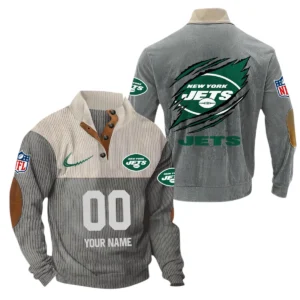 New York Jets Fans Gift Men's Stand Up Collar Base Shirt, All Over Print Base Shirt For Sport Fan, Custom Name NFL143090625114 - Gray