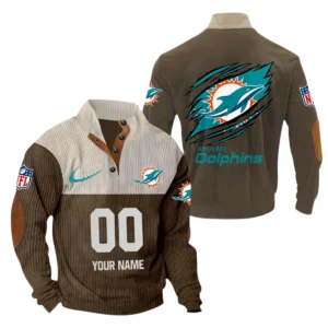 Miami Dolphins Fans Gift Men's Stand Up Collar Base Shirt, All Over Print Base Shirt For Sport Fan, Custom Name NFL143090625118 - Brown