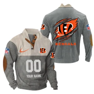 Cincinnati Bengals Fans Gift Men's Stand Up Collar Base Shirt, All Over Print Base Shirt For Sport Fan, Custom Name NFL143090625125 - Gray