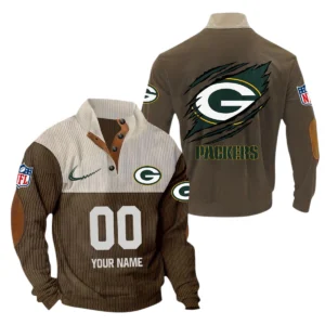 Green Bay Packers Fans Gift Men's Stand Up Collar Base Shirt, All Over Print Base Shirt For Sport Fan, Custom Name NFL143090625128 - Brown