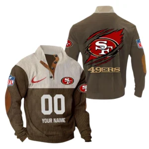 San Francisco 49ers Fans Gift Men's Stand Up Collar Base Shirt, All Over Print Base Shirt For Sport Fan, Custom Name NFL143090625132 - Brown