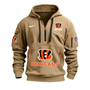 Cincinnati Bengals Fans Gift Hoodie Half Zipper, All Over Print Hoodie Half Zipper For Sport Fan,Custom Name NFL148090825115 - Khaki