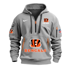 Cincinnati Bengals Fans Gift Hoodie Half Zipper, All Over Print Hoodie Half Zipper For Sport Fan,Custom Name NFL148090825115 - Grey