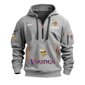 Minnesota Vikings Fans Gift Hoodie Half Zipper, All Over Print Hoodie Half Zipper For Sport Fan,Custom Name NFL148090825116 - Grey