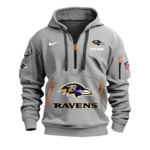 Baltimore Ravens Fans Gift Hoodie Half Zipper, All Over Print Hoodie Half Zipper For Sport Fan,Custom Name NFL148090825120 - Grey